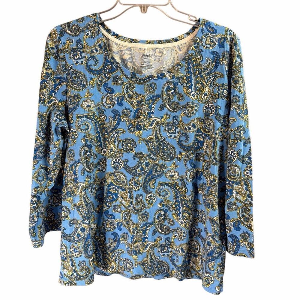 RAFAELLA Women’s Petite Large Blue Paisley Knit Top 3/4 Sleeve Scoop Neck